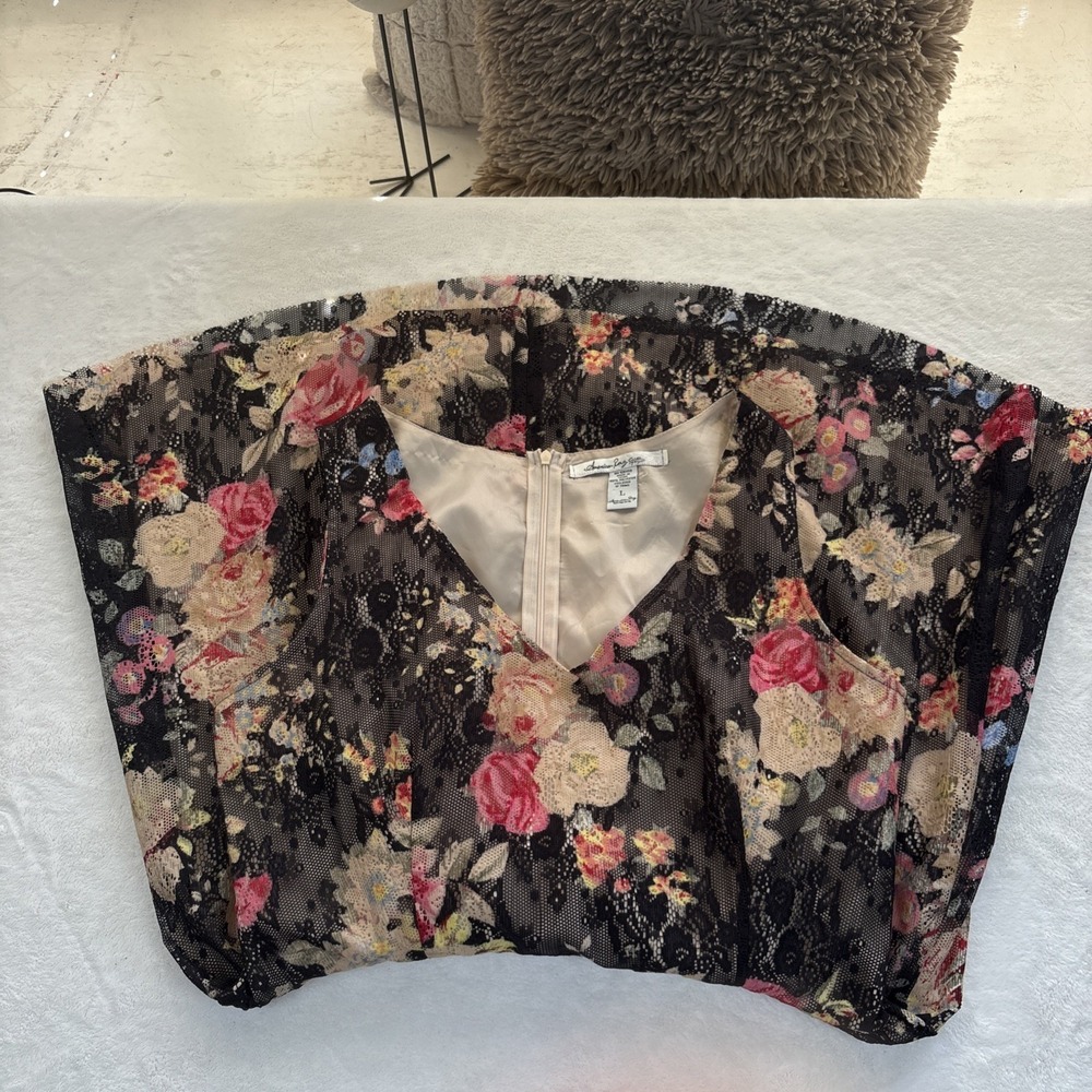 American Rag Floral Fit & Flare Dress Women's Large Black Sheer Overlay Sleevele